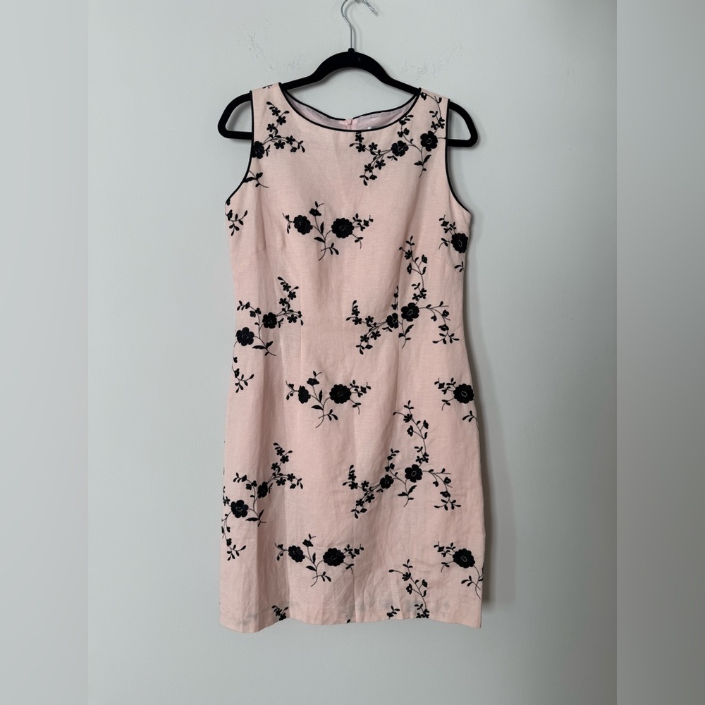 NWOT Vintage 90s Jessica Howard Linen Blend Pink Embroidered Floral Sheath Dress